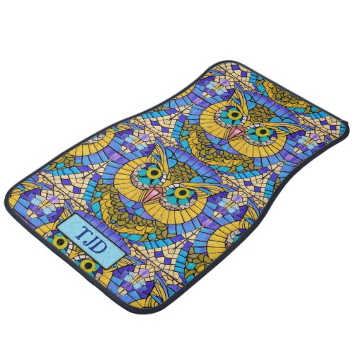 Owl _ Blue  Yellow Mosaic Nightbird with Initials Car Floor Mat