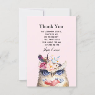OWL , bohemian, boho floral Thank You Card
