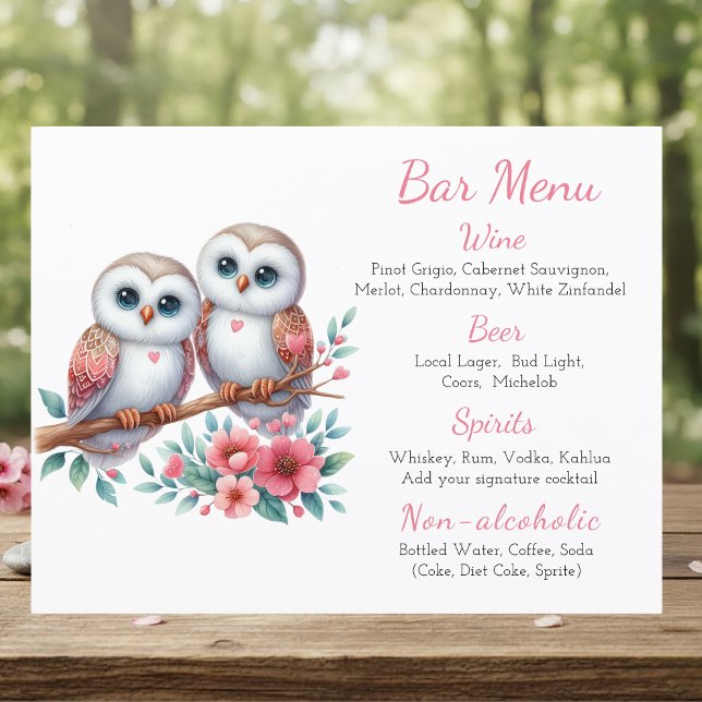 Owl Boho Rustic Country Woodland Wedding Bar Menu (Creator Uploaded)