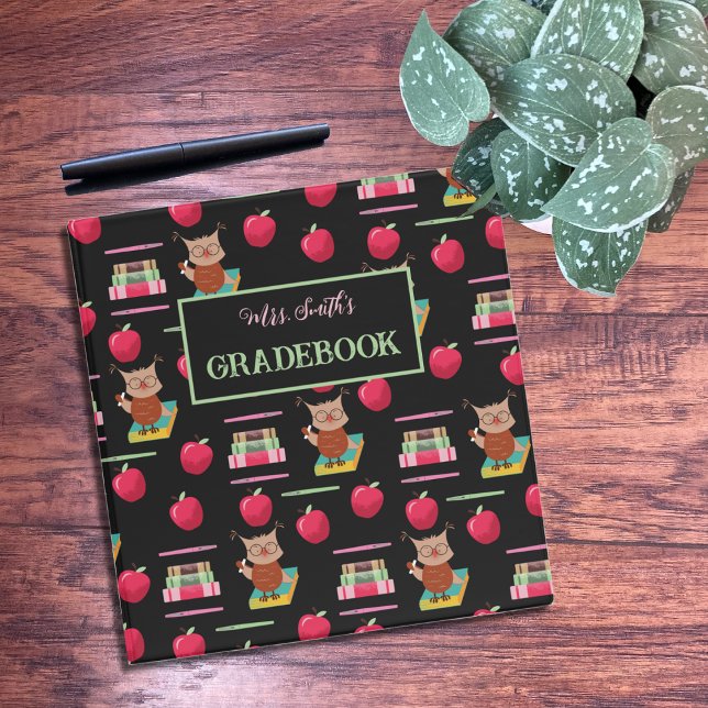 Owl Books and Red Apple Teacher Gradebook Binder (Teacher gradebook binder on a desk .)