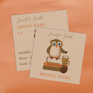 Owl Books Substitute Teacher Brown Business Cards