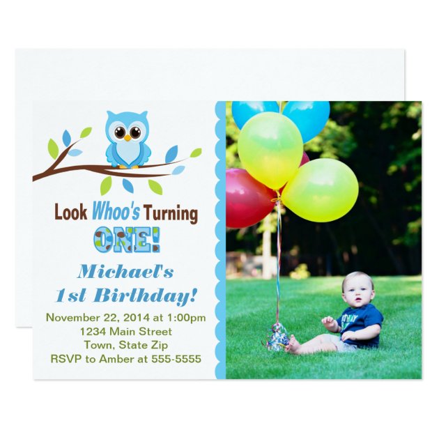 Owl Boy 1st Birthday Invitation 5x7 Photo Card