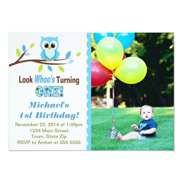 Owl Boy 1st Birthday Invitation 5x7 Photo Card