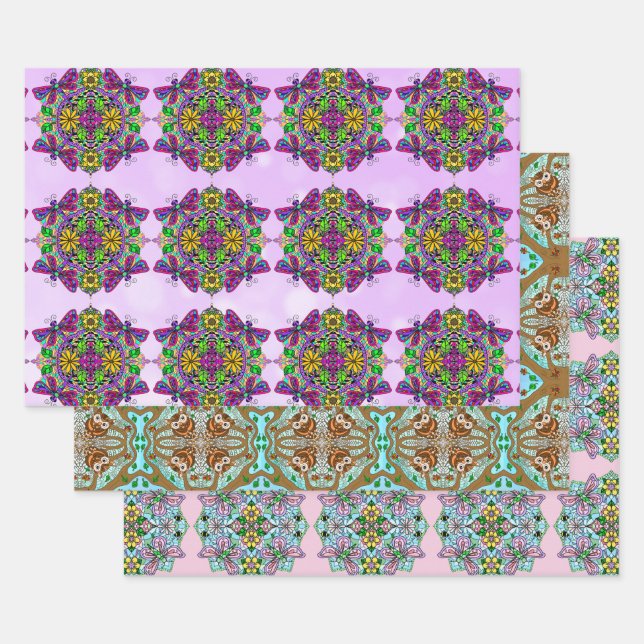 Owl, Butterfly and Dragonflies Birthday Wrapping Paper Sheets (Set)