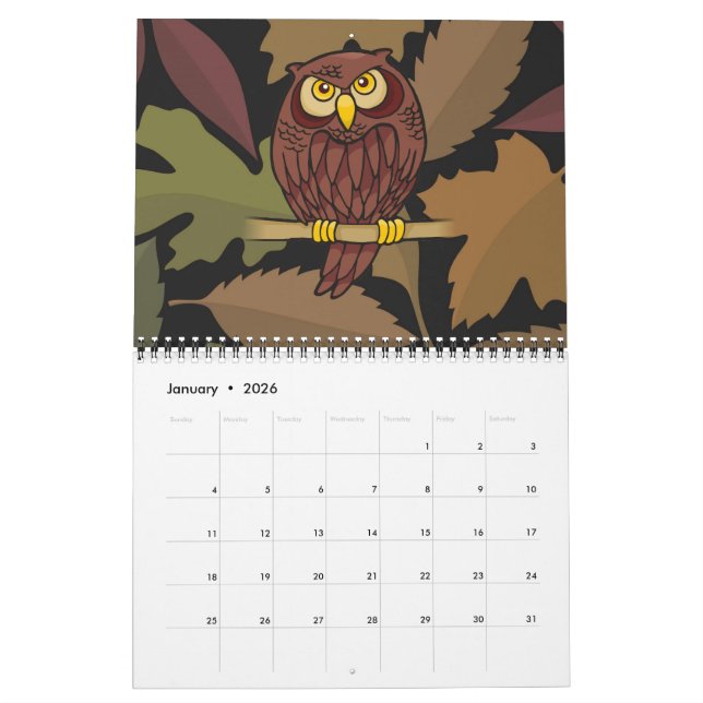 Owl Cartoon Calendar (Jan 2026)