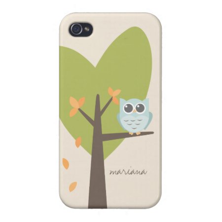 Owl Cartoon Personalized Name Tree Branch Leaves Case For Iphone 4