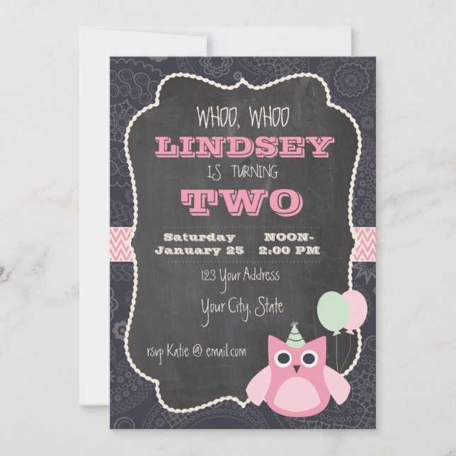 Owl Chalkboard Birthday Invitation (Front)