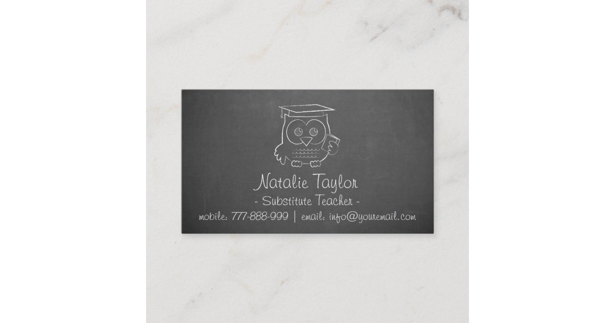 Owl Chalkboard Substitute Teacher Business Cards | Zazzle