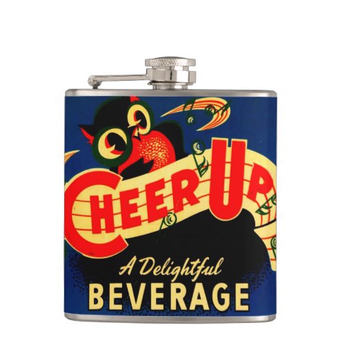 Owl Cheer Up Beverage Vintage Soda Pop Label Flask