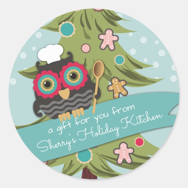 Owl chef cookie Christmas tree holiday baking Classic Round Sticker (Front)