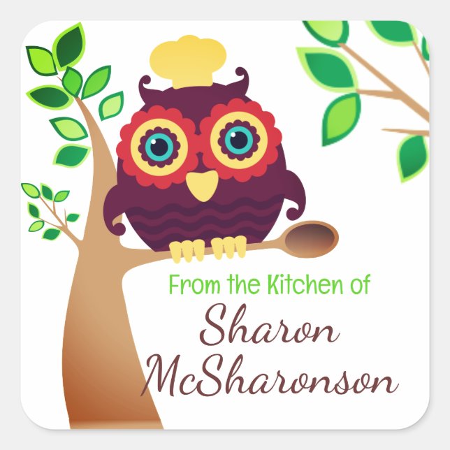 Owl chef wooden spoon cooking baking food label (Front)