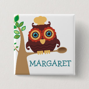 Owl chef wooden spoon cooking baking name tag pinback button