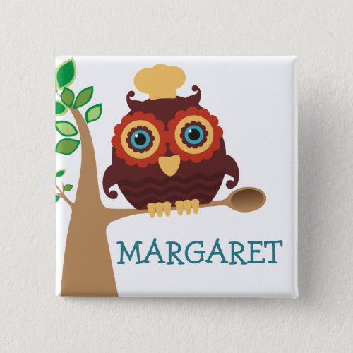Owl chef wooden spoon cooking baking name tag pinback button