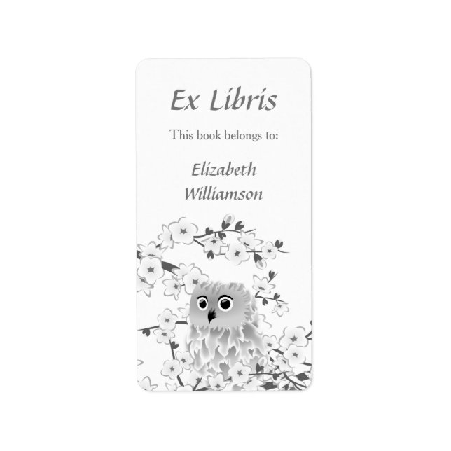 Owl Cherry Blossom Ex Libris Add Name Bookplate (Front)
