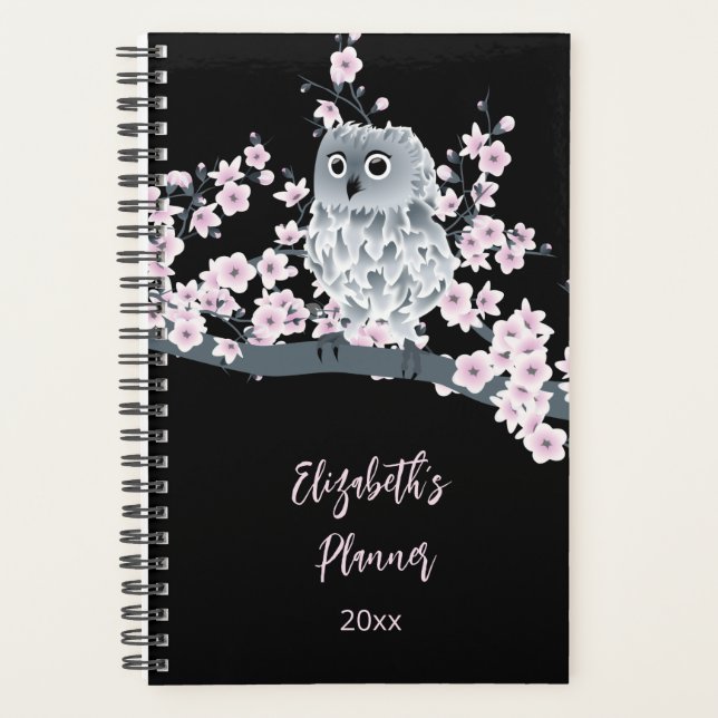Owl Cherry Blossom Pink Black | Add Name /Year Planner (Front)