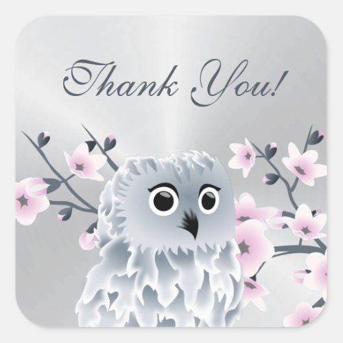 Owl  Cherry Blossom Silver Thank You Square Sticker