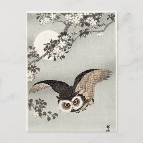 Owl Cherry Blossoms and Moon by Ohara Koson Postcard