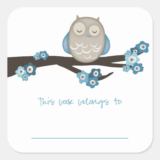 Owl & Cherry Blossoms {Blue} | Bookplates (Front)