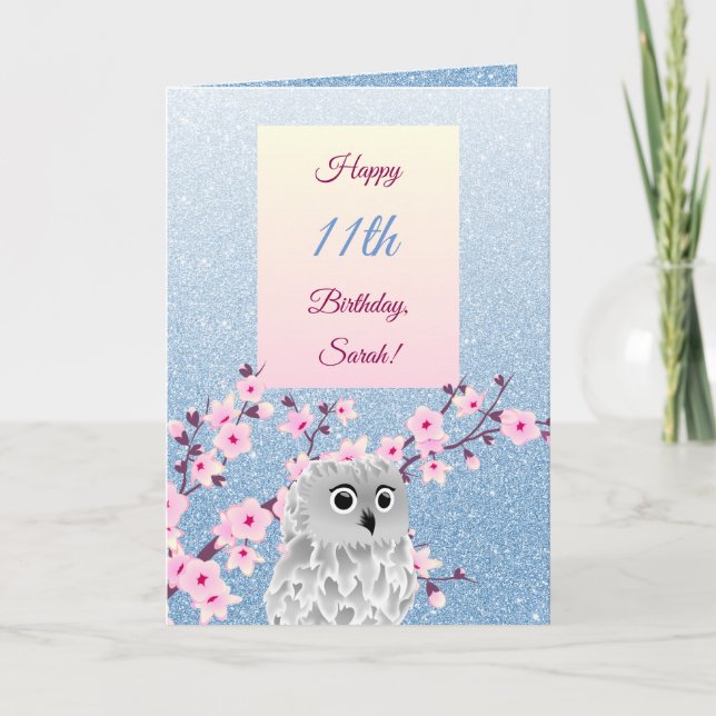Owl Cherry Blossoms Happy Birthday Blue Glitter Card (Front)