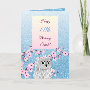Owl Cherry Blossoms Happy Birthday Blue Glitter Card