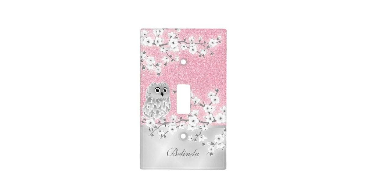 Owl Cherry Blossoms Pink Glitter Girl S Name Light Switch Cover Zazzle Com