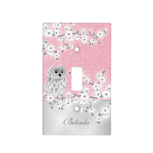 Owl Cherry Blossoms Pink Glitter Girl´s Name Light Switch Cover (Front)
