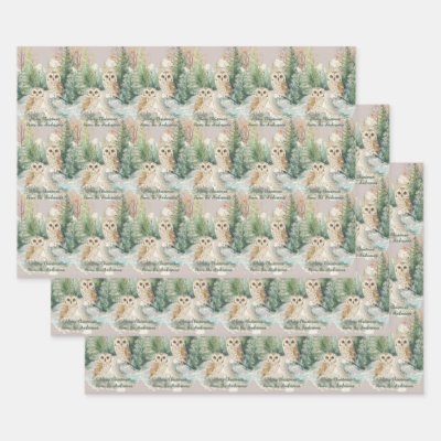 Owl Chrismas Wrapping Paper Flat Sheet Set of 3