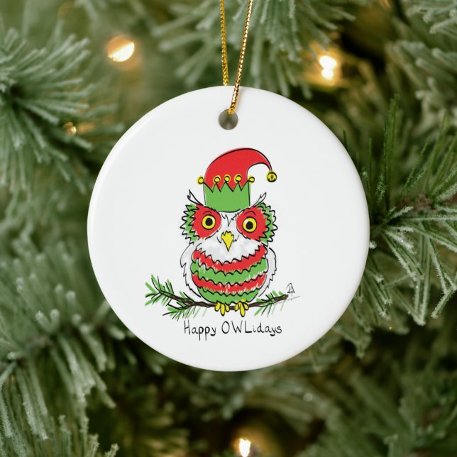 Owl Christmas Cute Funny Holiday Ceramic Ornament (Tree)