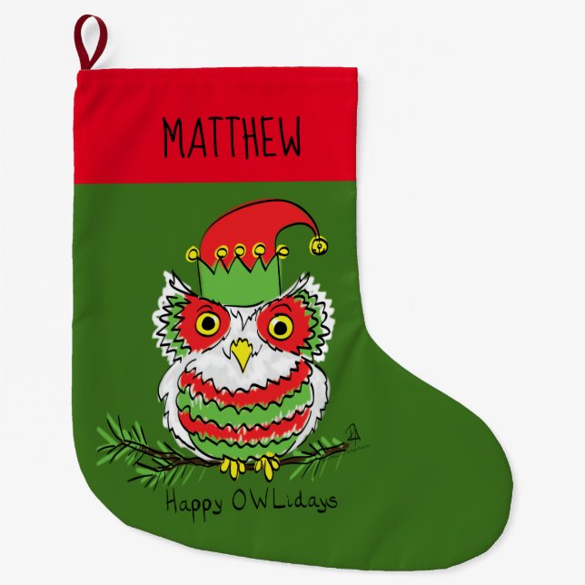 Owl Christmas Cute Funny Holiday Kids Large Christmas Stocking (Front)