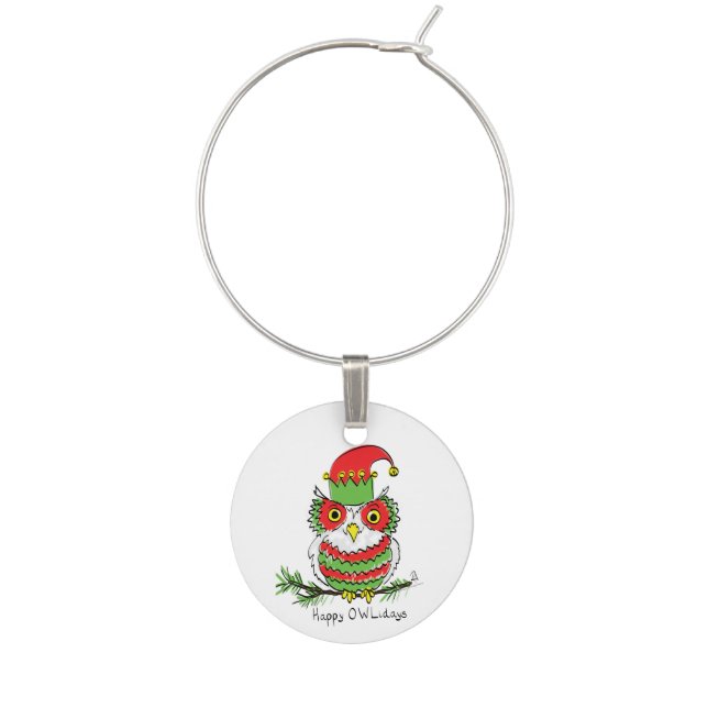Owl Christmas Cute Funny Holiday Wine Charm (Front)