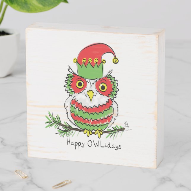 Owl Christmas Cute Funny Holiday Wooden Box Sign (In Situ Horizontal)