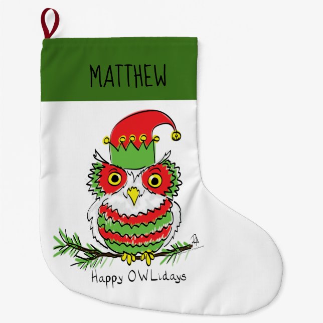Owl Christmas Cute Funny Kids Large Christmas Stocking (Front)