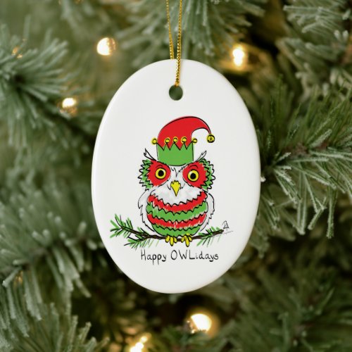 Owl Christmas Funny Cartoon Ceramic Ornament