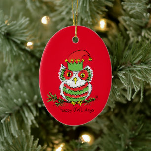 Owl Christmas Funny Cartoon Ceramic Ornament