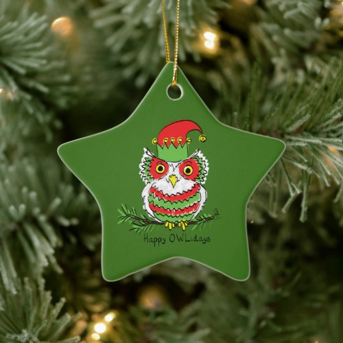 Owl Christmas Funny Cartoon Ceramic Ornament