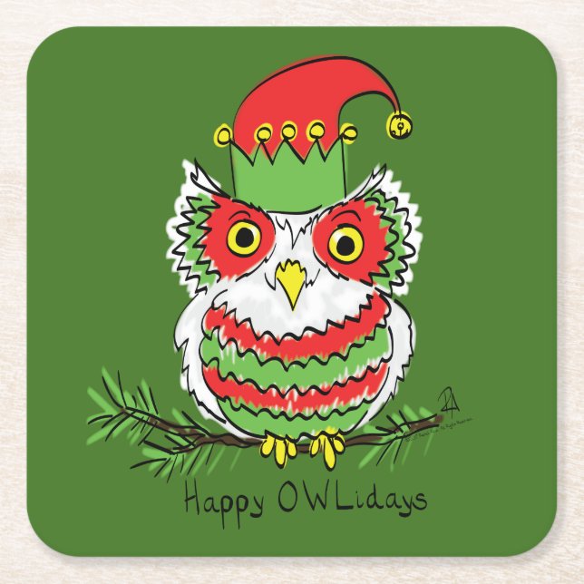 Owl Christmas Funny Square Paper Coaster (Front)