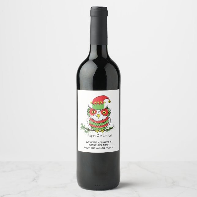 Owl Christmas Funny Wine Label (Front)