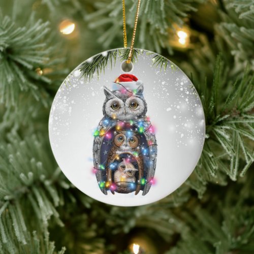 Owl Christmas Santa Hat Kids Mama 2022 Ceramic Ornament
