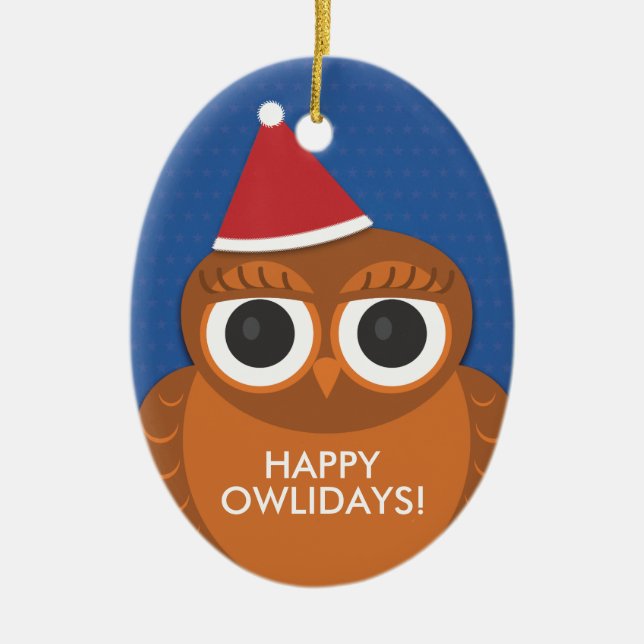 Owl Christmas Santa hat ornament - Happy Owlidays (Front)