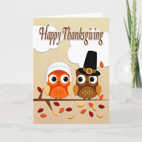 Owl Couple Dressed as Pilgrims for Thanksgiving Holiday Card