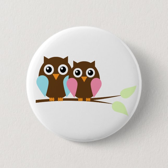 Owl couple on a branch pinback button (Front)