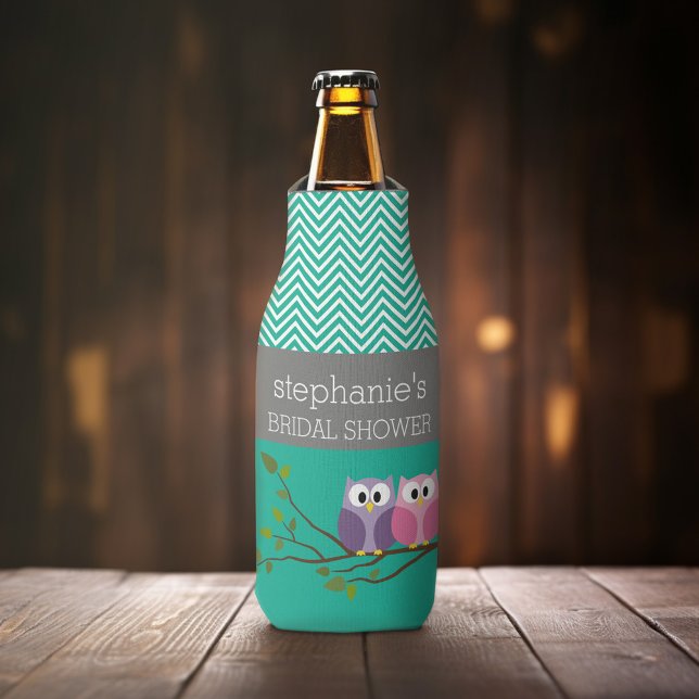Owl Couple on Branch Bridal Shower Favors Bottle Cooler (Personalized Bottle Cooler - Add Name or Custom Text for this Baby Shower Favor)