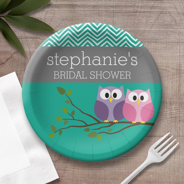 Owl Couple on Branch Bridal Shower Favors Paper Plates (Custom bridal shower plates)