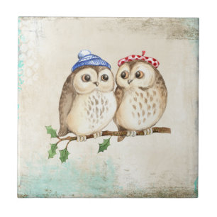 Owl couple with colorful scarfs on a tree branch. ceramic tile
