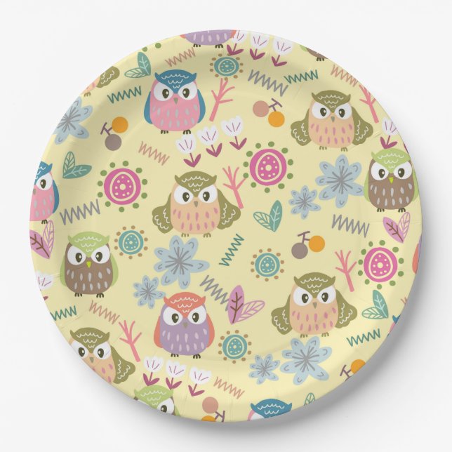 Owl Cream Paper Plates (Front)