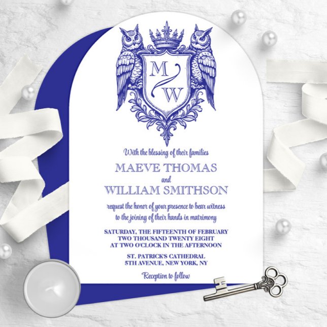 Owl Crest Royal Monogram Arch Wedding Invitation (Creator Uploaded)