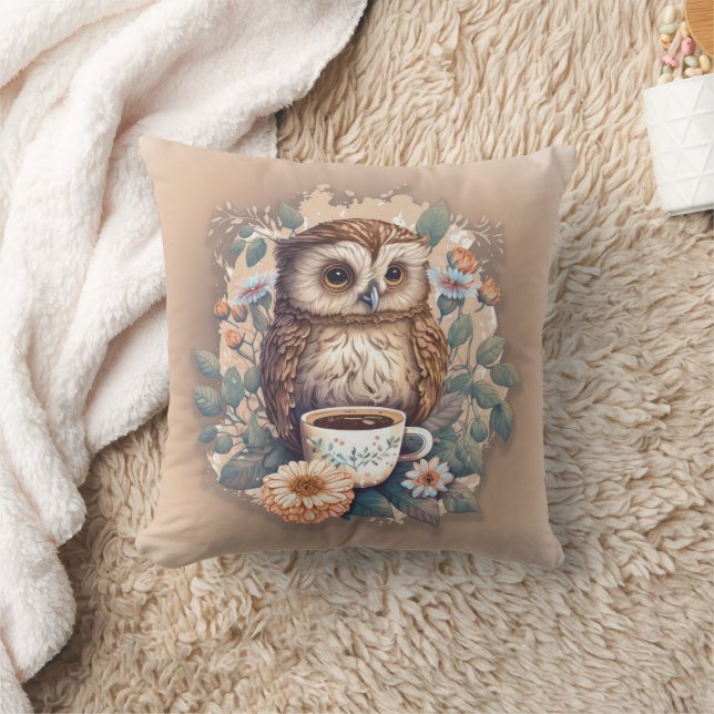 Owl Cup of Coffee Painting  Throw Pillow (Blanket)