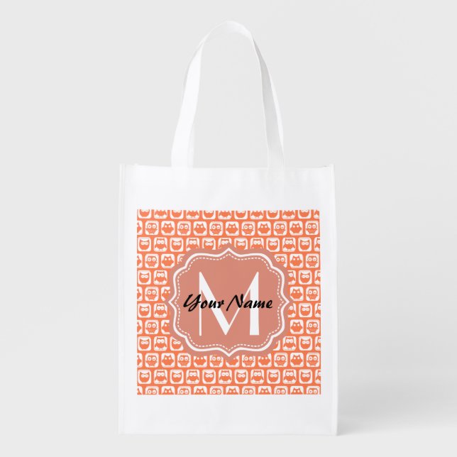 Owl Custom Monogram, Personalized Name Grocery Bag (Front)