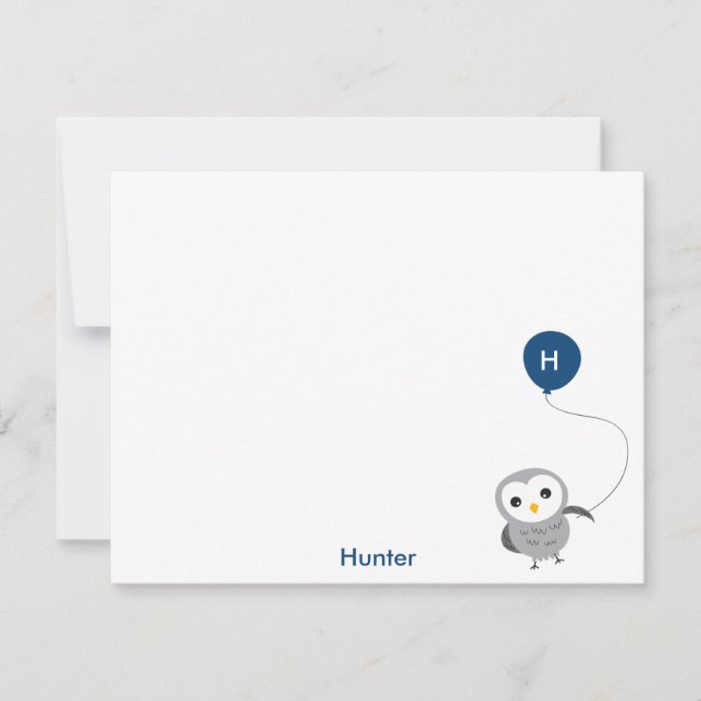 Owl Custom Thank you Note, Grey and Navy Blue Card (Front)