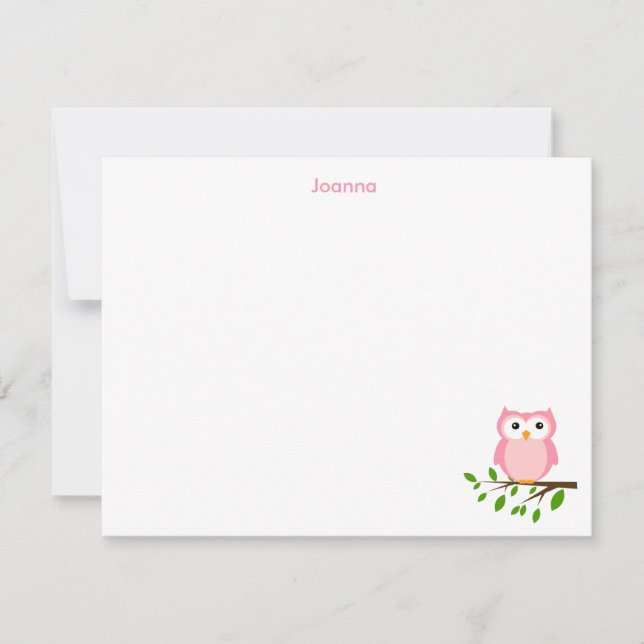 Owl Custom Thank you Note, Grey and Pink Note Card (Front)